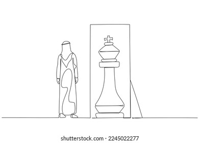 Cartoon of arab man standing infront of mirror seeing inner king chess piece concept of positive mindset. One line art style