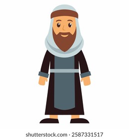 a cartoon arab man in traditional muslim.Sheikh in traditional middle Eastern man clothes.Suitable for children's books, sticker,t shirt design, mascot, logo on white background.Vector illustration.  