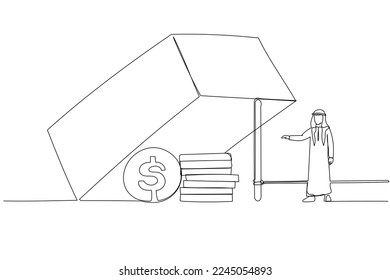 Cartoon of arab man trying to reach dollar profit in the trap metaphor of business risk. One line art style