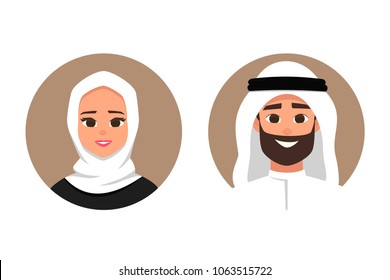 Cartoon arab man and woman avatars happy emotion. smiling face of a successful young Arabic people flat style vector illustration of isolated layers on a white background