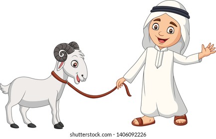 Cartoon Arab Muslim boy with a goat