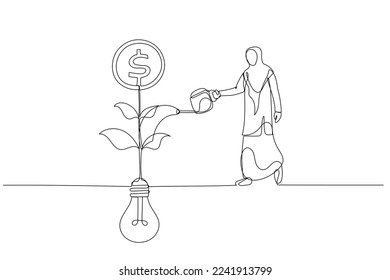 Cartoon of arab muslim businesswoman connect electricity to lightbulb idea metaphor of new business idea. Continuous line art