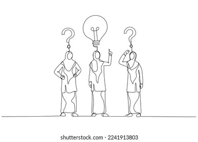 Cartoon of arab muslim businesswoman with question sings and lamp idea concept of find right decision. One continuous line art style