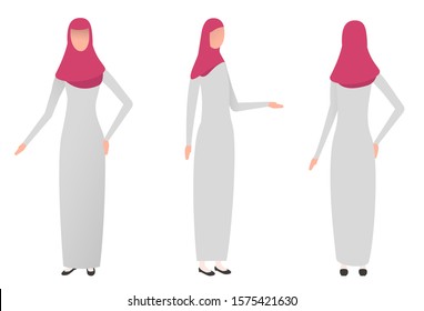 Cartoon arab muslim woman in traditional clothes isolated on white background. Colorful character in different position.  Flat design style. Front, rear, side view. Vector illustration.