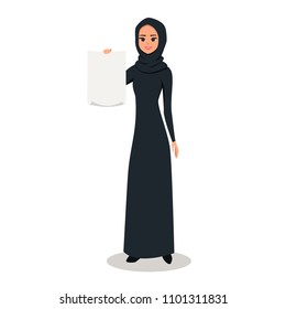 Cartoon Arab woman character with black hijab. Smiling girl in hijab presenting something with a poster. Young Moslem businesswoman wearing scarf holds a blank sheet of paper