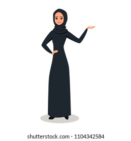 Cartoon Arab woman character with hijab. Smiling girl in hijab presenting something with right hand. Young Moslem businesswoman wearing scarf. Vector illustration isolated from white