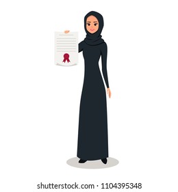 Cartoon Arab woman character with hijab. Smiling girl in hijab holds a certificate in hand. Young Moslem businesswoman wearing scarf. Vector illustration isolated from white