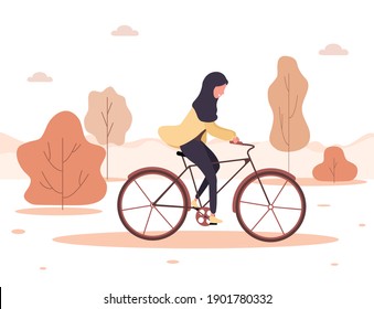 Cartoon arab woman in hijab ride on bicycle in park. Healthy lifestyle. Eco transportation. Autumn background. Modern vector illustration in flat style