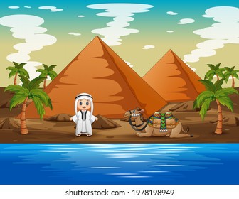 Cartoon arabian boy with a camel resting by the river