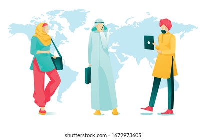 Cartoon Arabian Businesspeople Characters on World Map. Teamwork, Coworking, Partnership and Successful Business. United Arab Emirates or Saudi Arabia Dwellers. Vector Flat Illustration