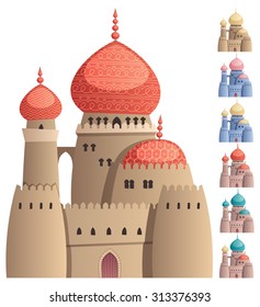 Cartoon Arabian castle on white background in 7 color versions. No transparency used. Basic (linear) gradients.