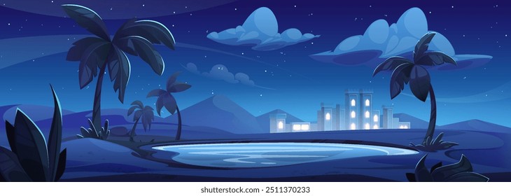 Cartoon paisagem do deserto árabe à noite com dunas de areia, palmeiras na margem do lago, cidade ou aldeia no horizonte sob o luar. Ilustração vetorial da cena panorâmica escura com a cidade antiga.