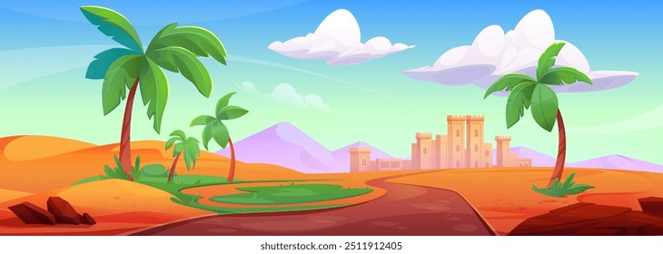 Cartoon Arabian desert landscape with sand dunes and palm trees, road leading to city or village, blue sunny sky with clouds. Vector illustration of egyptian panorama scene with city buildings.