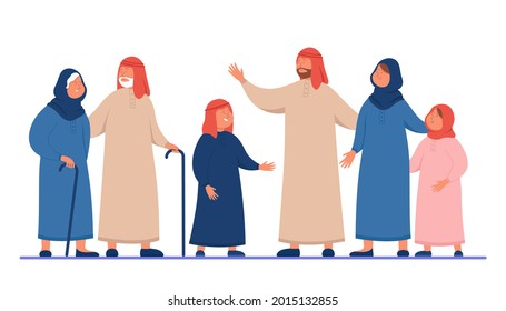 Cartoon Arabic family in traditional clothes. Flat vector illustration. Young and old muslim women and men, husband, wife, father, mother, kids, boy, girl. Culture, Saudi, family, hijab concept