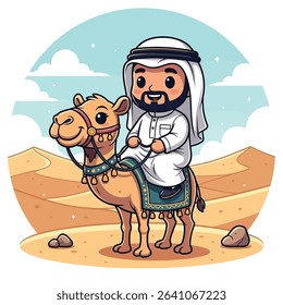 Cartoon of an Arabic man riding a camel across a desert landscape, wearing traditional attire and smiling