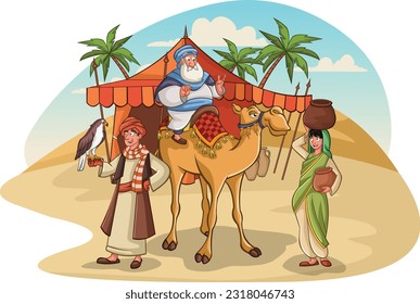 Cartoon arabic people in the desert. Sheik riding camel. Man with hawk.