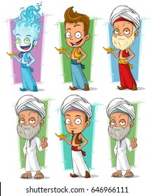 Cartoon arabic persian and fire jinn with golden lamp character vector set