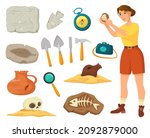 Cartoon archaeological tools and equipment, ancient artifacts and fossils. Archaeologist at work, archeology expedition elements vector set. Female character exploring bones, excavation concept