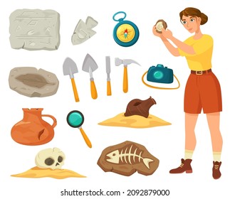Cartoon archaeological tools and equipment, ancient artifacts and fossils. Archaeologist at work, archeology expedition elements vector set. Female character exploring bones, excavation concept