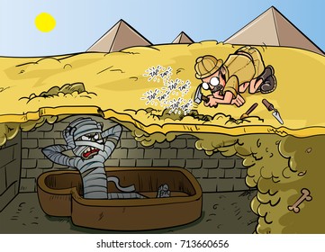Cartoon ARCHAEOLOGIST annoying a MUMMY underground