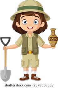 Cartoon archaeologist girl on white background