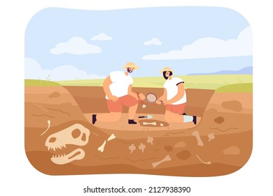 Cartoon archaeologists discovering dinosaur fossils in ground. Man and woman finding bones underground flat vector illustration. Paleontology, archeology concept for banner or landing web page