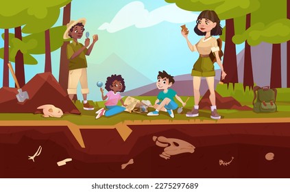 Cartoon archaeologists exploring artifacts with magnifying glass, brush or studying dinosaurs fossil skeletons bones. Children digging sand, playing in paleontologists with excavation shovel and loupa