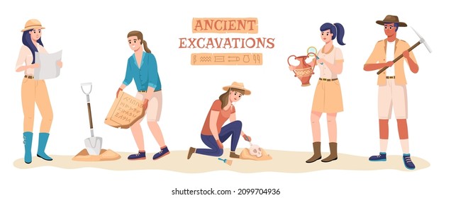 Cartoon archaeologists. People on historical excavations. Antique vases, ancient bones, precious cultural finds. Men and women with diggers tools, archeology horizontal banner vector set