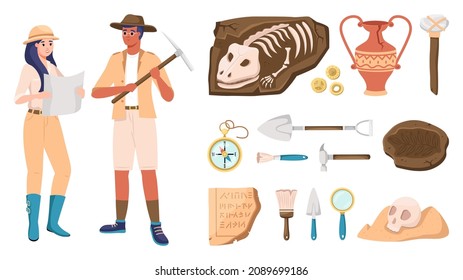 Arqueología de caricaturas. Artefactos antiguos y fósiles animales extintos. Arqueólogos y herramientas. Espátulas y brújula. Cepillos o espátulas. Vasos y calavera. Conjunto de elementos de excavación de vectores