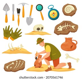 Cartoon archeology elements and equipment, archaeologist at work. Archeological expedition tools, ancient vase, fossils and bones vector set. Male character searching and excavating artifacts
