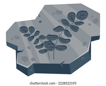 Fósil de arqueología de caricaturas, fósil de flora antigua. Plantas paleontológicas imprimidas, artefactos de excavación arqueológica ilustración vectorial plana sobre fondo blanco