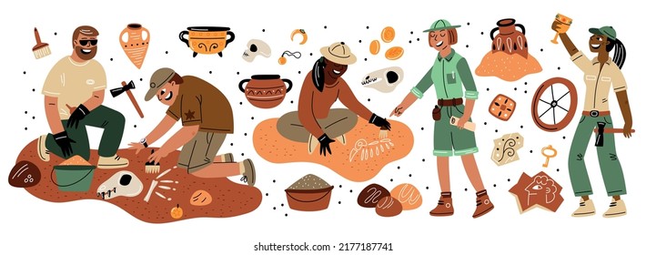 Cartoon archeology. Paleontologists and archaeologists at work. Science expedition. Historians at excavations. People digging artifacts and dino bones. Valuable finds