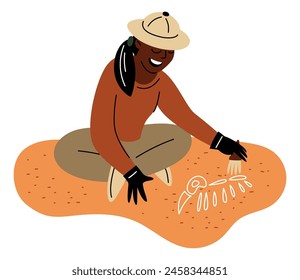 Cartoon archeology. Paleontology excavation. Archeologist digging dinosaur skeleton. Prehistoric animal bones. Historical expedition. Woman with brush. Vector