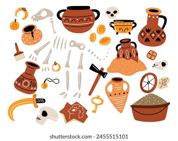 Cartoon archeology. Paleontology expedition. Ancient earthenware. Dinosaur skeleton. Skull and bones. Equipment for excavations. Historical artifacts. Vector