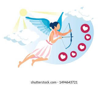 Cartoon Archer Female Character Aiming from Bow at Social Like Sign. Angel Shooting with Arrow at Heats. Digital Media Marketing. Network Business. Target Audience. Vector Flat Metaphor Illustration