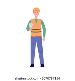 Cartoon architect or engineer man in uniform and helmet holding paper scroll with building plan and smiling. Construction worker - flat isolated vector illustration.
