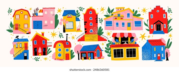 Cartoon architectural houses, urban stickers in 90s doodle style. City ​​buildings in Scandinavian style, plants, cozy buildings city streets