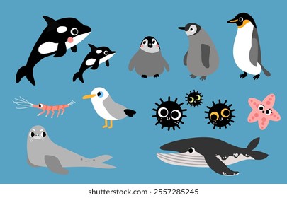 cartoon arctic animals, featuring orcas, penguins, seals, whales, sea urchins, shrimp, and a seagull. educational book illustration creatures characters.