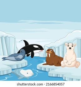 Cartoon arctic animals in arctic scenery background