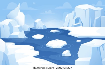 Cartoon arctic background, floating icebergs antarctica landscape. Beautiful sea or ocean, glaciers and ice mountains. North snugly vector scene