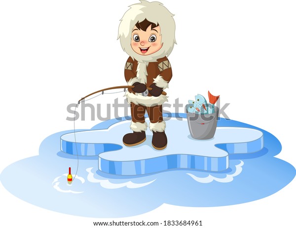 Cartoon Arctic eskimo\
fishing on ice floe