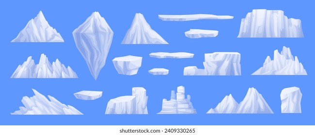 Cartoon arctic floating glaciers, icebergs and ice mountains. Vector icy cliffs and frozen block elements for north landscape