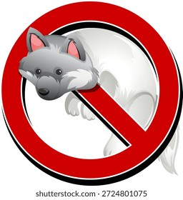 Cartoon arctic fox behind red prohibition sign, flat vector style, white background, bold colors