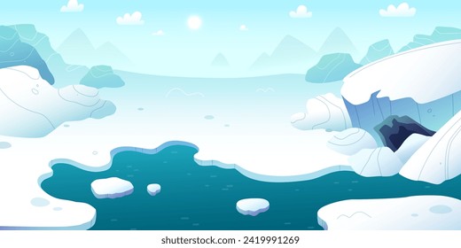 Cartoon arctic horizontal landscape. Northern stylized vector background panorama. Polar day empty background.