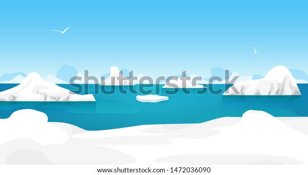 Cartoon Arctic Ice Landscape with Iceberg Outdoor\
Scene North Concept Element Flat Design Style. Vector illustration\
of Polar Nature