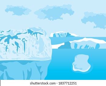 Cartoon Arctic Ice Landscape with Icebergs Outdoor Scene, colorful design, vector illustration