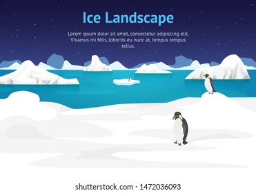 Cartoon Arctic Ice Landscape Outdoor Scene Card North Concept Element Flat Design Style. Vector illustration of Polar Nature