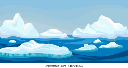 Cartoon arctic iceberg with blue sea, winter landscape. Scene game concept Arctic Ocean and snow mountains. Vector nature background illustration