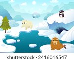 Cartoon arctic landscape with cute animals. Northern vector background with adorable baby animals.