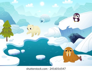 Cartoon arctic landscape with cute animals. Northern vector background with adorable baby animals.